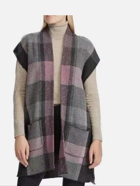 Chaps Gray/Purple Plaid Open Sweater Vest